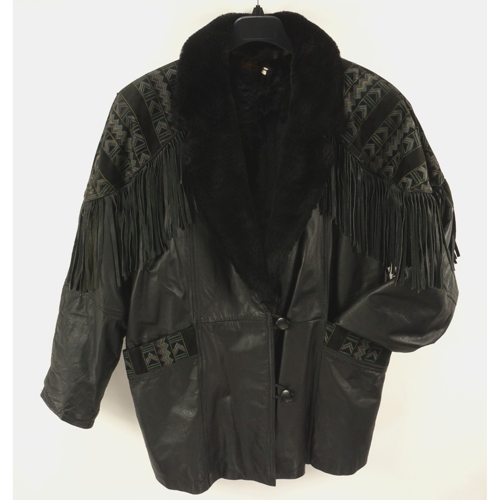 Vintage 1950s Koslows‎ Fox Fur Fringed Leather Gaucho Rancher Jacket Men's Large